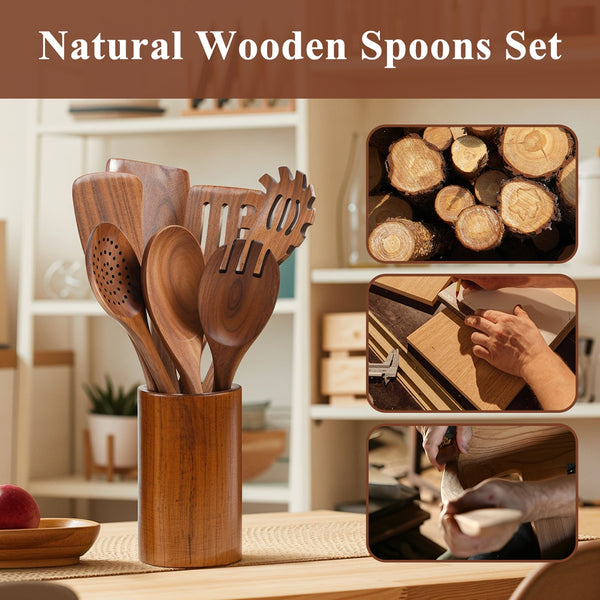 VAVSEA 11 Pcs Wooden Spoons for Cooking, Thickened Natural Wooden Cooking Utensils, Eco-Friendly Wood Kitchen Utesnils, Gifts for Christmas