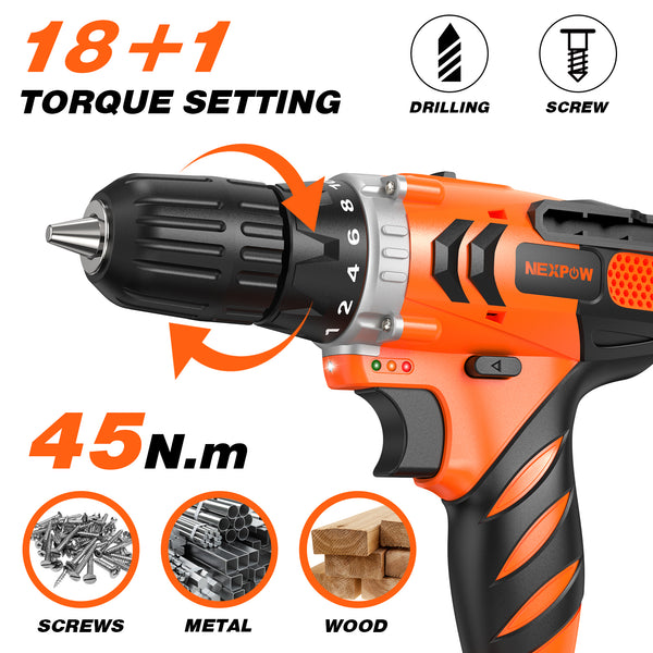 NEXPOW 24V Cordless Drill-Brushless Power Drill Set, 3/8" Keyless Chuck,18+1 Position Electric Drill, 2-Speed Transmission Tool Drill with 2Battery&Fast Charger