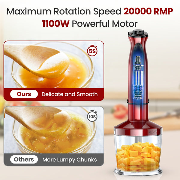 VAVSEA Immersion Blender, 1100W 5-in-1 Hand Blender, 24-Speed Handheld Stick Blender for Chopper, Beaker, Whisk, Milk Frother
