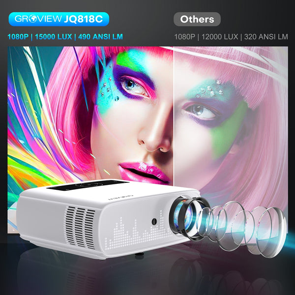 GROVIEW Projector, 15000lux 490ANSI Native 1080P WiFi Bluetooth Projector, 300'' Video Projector, Supports 4K & Zoom, 5G Sync