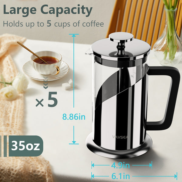 VAVSEA Double Wall French Press Coffee Maker, 35oz Coffee Press with Thicken Borosilicate Glass & 304 Stainless Steel for Travel
