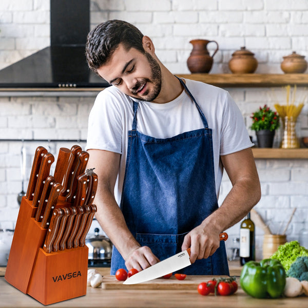 VAVSEA Knife Block Set, 16 Pieces Kitchen Knife Set with Block, Stainless Steel Knife Set for Gift