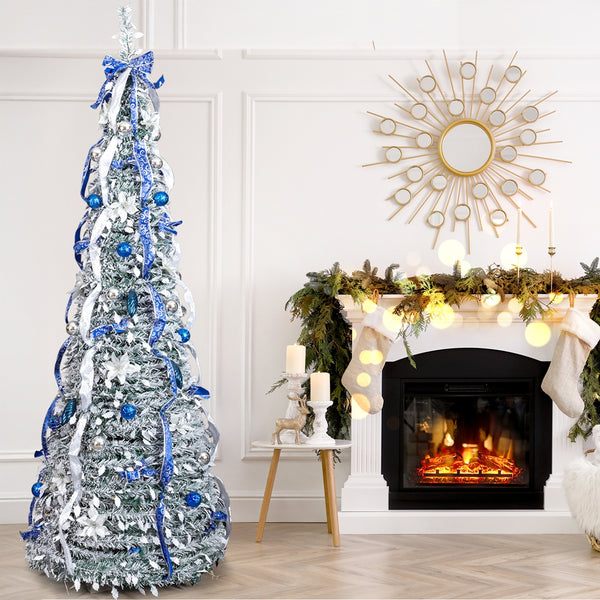 7FT Snow Flocked Pre-lit Artificial Pop Up Christmas Tree with 200 Warm Lights and Blue & Silver Ornaments for Home Holiday Decor