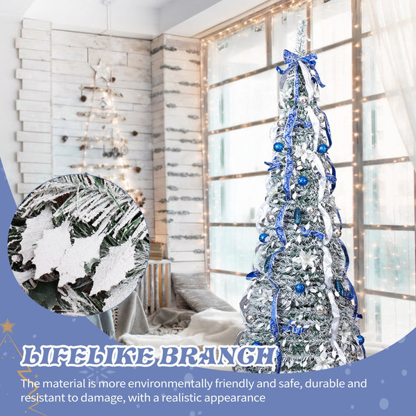 7FT Snow Flocked Pre-lit Artificial Pop Up Christmas Tree with 200 Warm Lights and Blue & Silver Ornaments for Home Holiday Decor