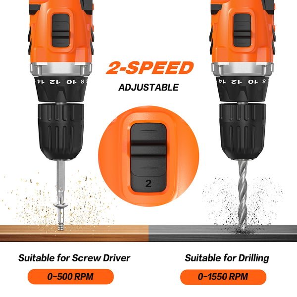 NEXPOW 24V Cordless Drill-Brushless Power Drill Set, 3/8" Keyless Chuck,18+1 Position Electric Drill, 2-Speed Transmission Tool Drill with 2Battery&Fast Charger