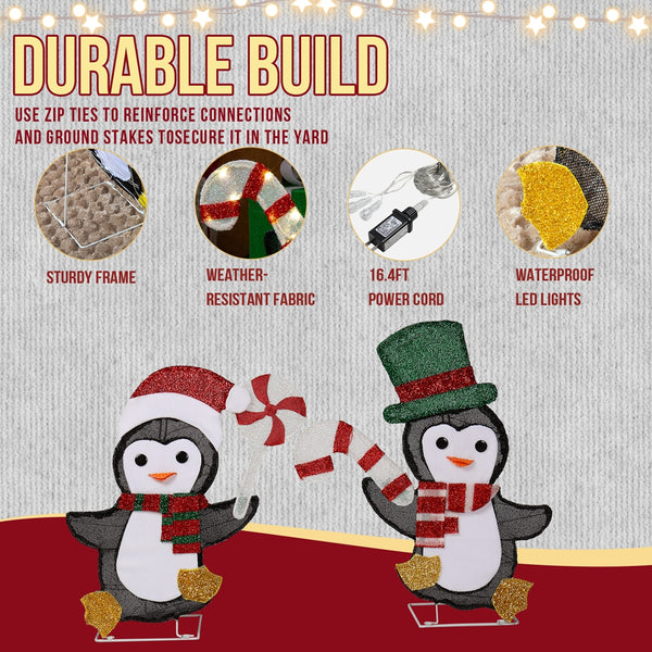 2 Lighted Penguin and Candy Cane Christmas Decorations, Pre-lit 2D Holiday Decor for Xmas Outdoor Indoor Decor Lighted Displays