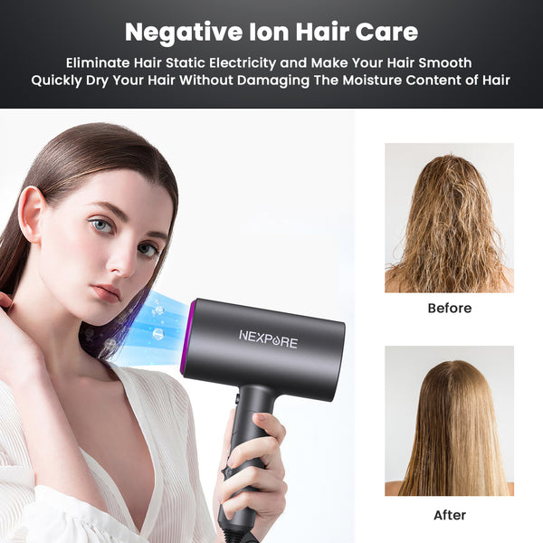 Hair Dryer, NEXPURE 1800W Professional Ionic Blow Dryer for Hair Care, Powerful Wind for Hair Drying, 2 Attachments