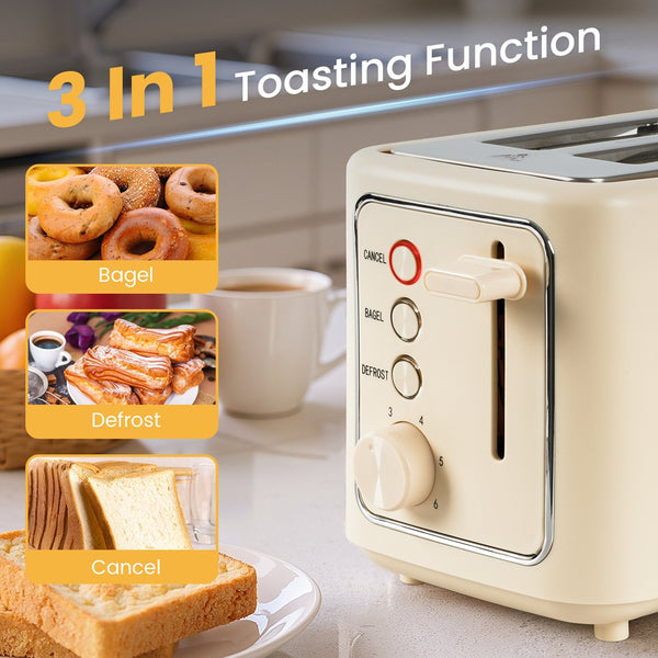 VAVSEA 2 Slice Toaster, 1000W Retro Wide Slot Toaster with 6 Shade Settings & LED Light, Removable Crumb Tray