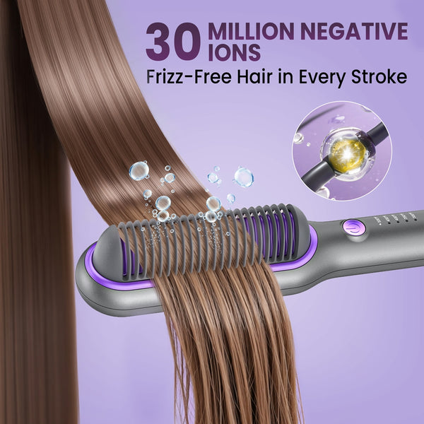 NEXPURE Hair Straightener Brush, Ionic Straightening Brush with 5 Temps, Anti-Scald Ceramic Hot Comb, Dual Voltage