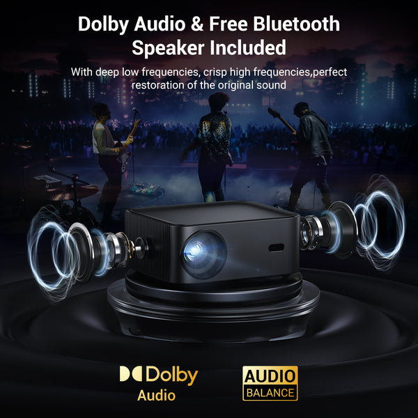 Built-in streaming app full HD smart projector, HAPPRUN 4K projector, supports Wi-Fi and Bluetooth, Dolby audio, 300-inch large screen, suitable for home, outdoor, and indoor viewing
