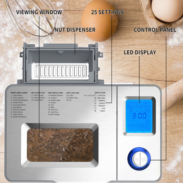 VAVSEA 25 in 1 Bread Maker Machine with Auto Fruit and Nut Dispenser, Reserve & Keep Warm Set