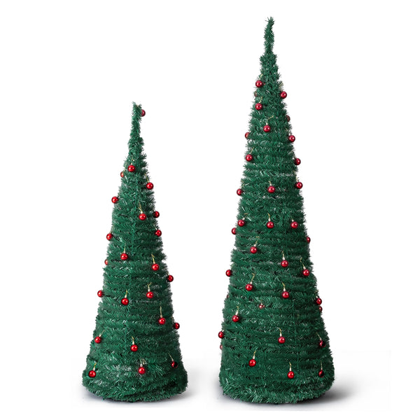 2 Pack, 6FT 5FT Artificial Pop Up Christmas Tree with Red Ball Ornaments for for Home Office Store Holiday Deco, Green