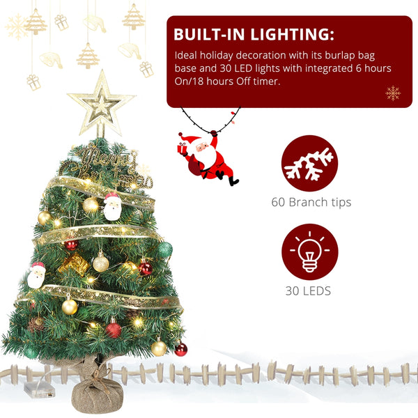 20in Pre-lit Artificial Mini Christmas Tree, Tabletop Small Xmas Pine Tree with Ornaments and 30 Warm Lights for Holiday Decor