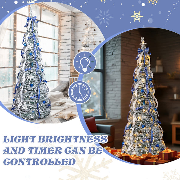 7FT Snow Flocked Pre-lit Artificial Pop Up Christmas Tree with 200 Warm Lights and Blue & Silver Ornaments for Home Holiday Decor