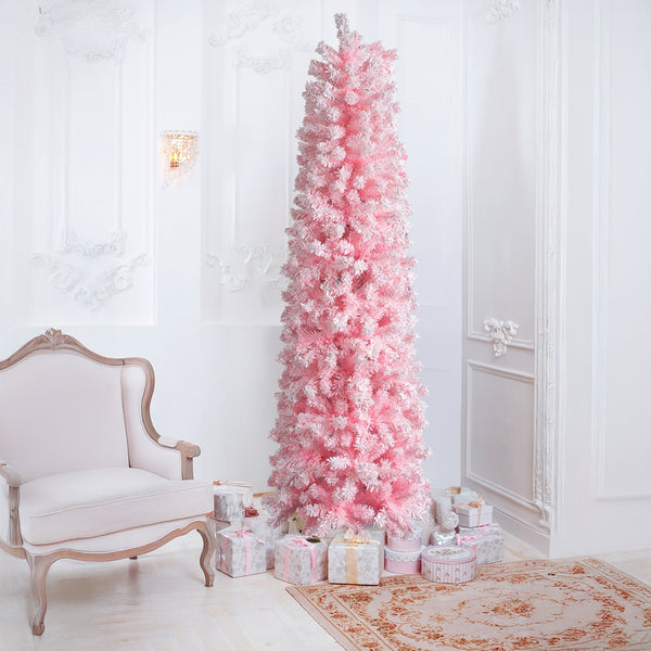 7.5 FT Snow Flocked Hinged Christmas Tree, Artificial Pencil Christmas Tree, Unlit Pine Tree with 641 Branch Tips, Pink