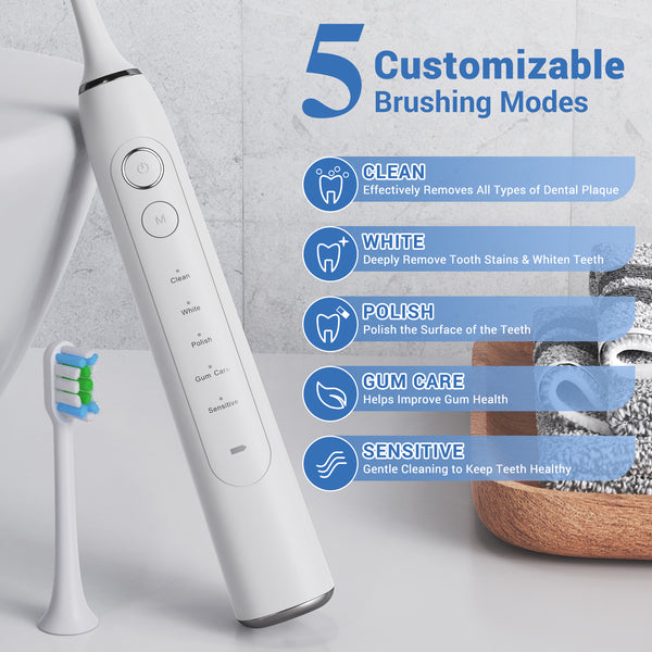 NEXPURE Sonic Electric Toothbrush for Adults, 2 Minute Smart Timer, 60 Day Long Battery Life, 4 Brush Heads & 5 Modes for Gentle Gum Care, White