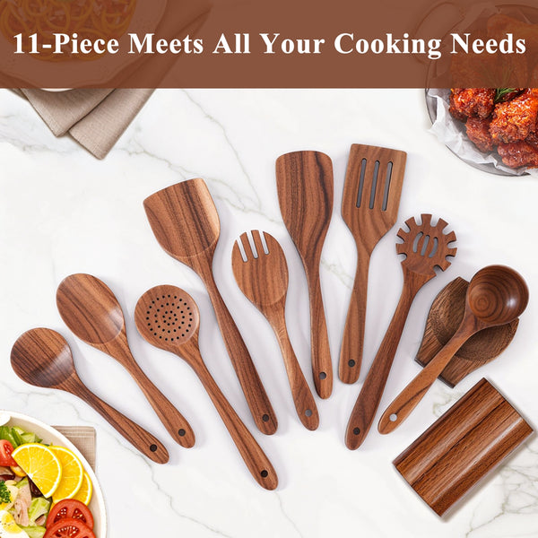 VAVSEA 11 Pcs Wooden Spoons for Cooking, Thickened Natural Wooden Cooking Utensils, Eco-Friendly Wood Kitchen Utesnils, Gifts for Christmas