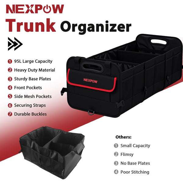 NEXPOW Car Trunk Organizer, 95L Collapsible SUV Organizer, Multi-Compartment, Car Storage Box with 2 Adjustable Straps