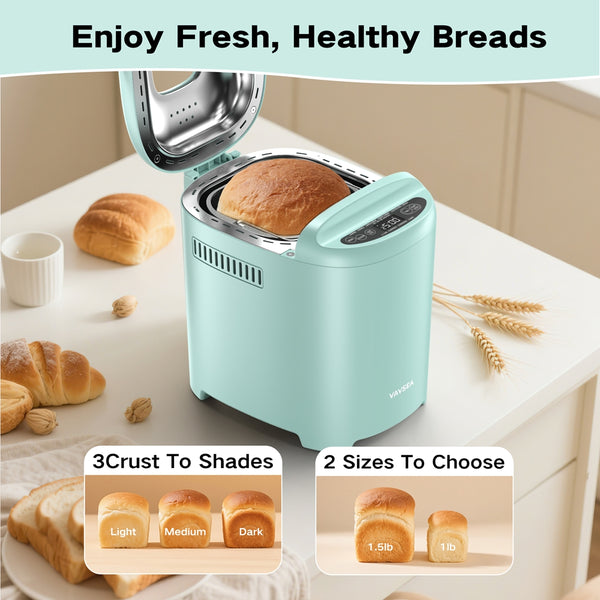 VAVSEA Bread Maker, 2LB Automatic Bread Machine, Cake Setting, Nonstick Ceramic Pan for Homemade Bread, Green