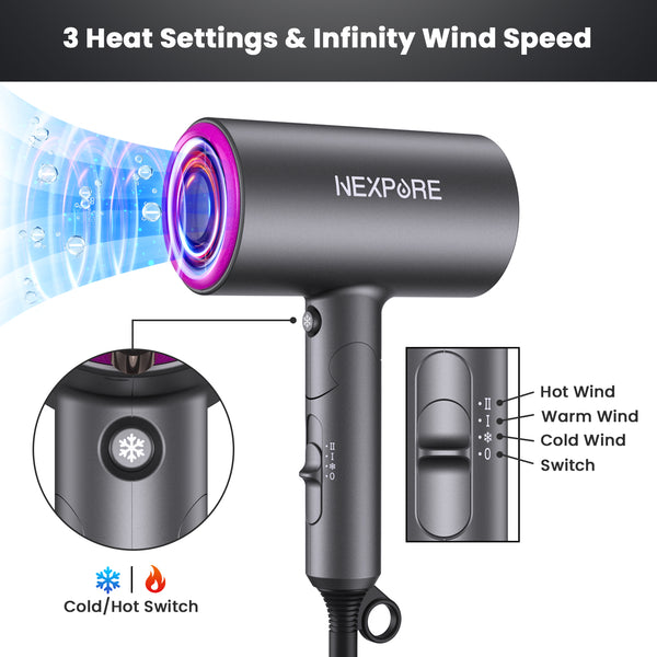 Hair Dryer, NEXPURE 1800W Professional Ionic Blow Dryer for Hair Care, Powerful Wind for Hair Drying, 2 Attachments