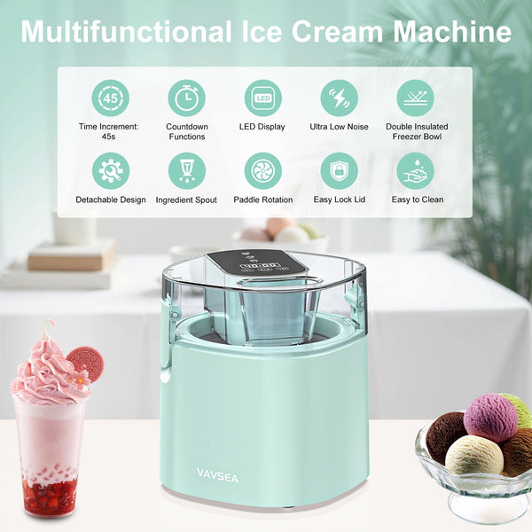 VAVSEA 1.6 Qt Ice Cream Maker with Scoop, 2-in-1 Electric Ice Cream Machine with LED Screen & Timer, Double-Insulated Freezer Bowl