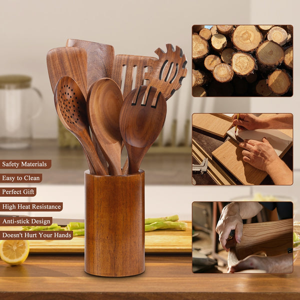 VAVSEA Thick Wooden Spoons for Cooking, 8Pcs Natural Wooden Utensil for Cooking with Non-Stick, Heat Resistant, Wood Kitchen Utensil Set