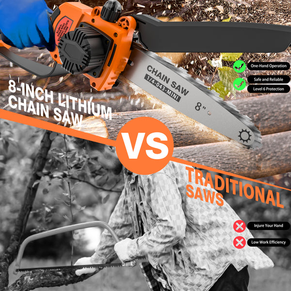 NEXPOW 8" Mini Chainsaw - 24V Battery Powered Chainsaw, 2 Batteries & Chains, Cordless Handheld Chain Saw Wood Cutter, Orange
