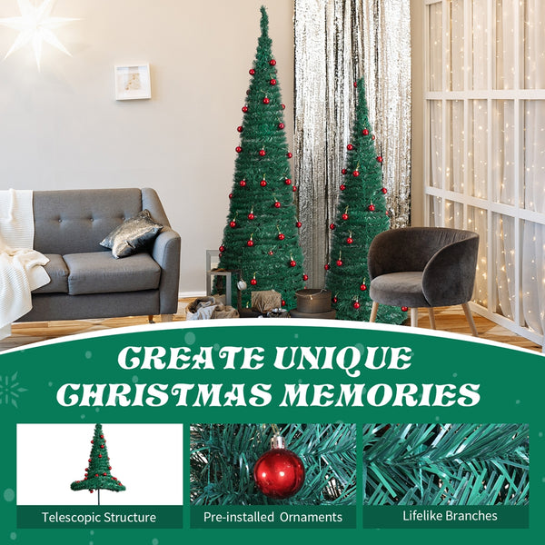 2 Pack, 6FT 5FT Artificial Pop Up Christmas Tree with Red Ball Ornaments for for Home Office Store Holiday Deco, Green