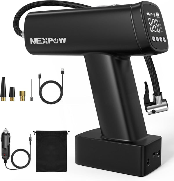 NEXPOW Auto Tire Inflator Portable Air Compressor, 160PSI Air Pump with 7500 mAh Battery, 12V DC Digital Bike Pump with LED and Power Bank, 3X Faster Inflation Car Inflator for E-Bike, Motorcycle,Ball
