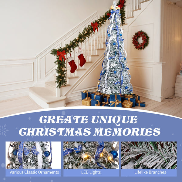7FT Snow Flocked Pre-lit Artificial Pop Up Christmas Tree with 200 Warm Lights and Blue & Silver Ornaments for Home Holiday Decor