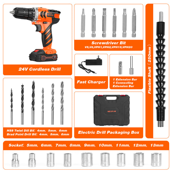 NEXPOW 24V Cordless Drill-Brushless Power Drill Set, 3/8" Keyless Chuck,18+1 Position Electric Drill, 2-Speed Transmission Tool Drill with 2Battery&Fast Charger