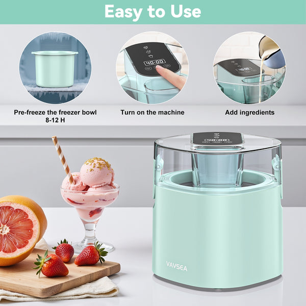 VAVSEA 1.6 Qt Ice Cream Maker with Scoop, 2-in-1 Electric Ice Cream Machine with LED Screen & Timer, Double-Insulated Freezer Bowl
