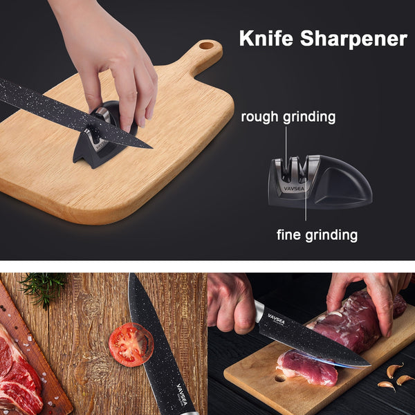 VAVSEA Kitchen Knife Set with Sharpener, 6Pcs Stainless Steel Chef Knife Set with Non-Stick Coating