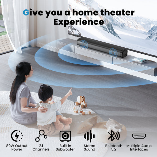 TOPVISION 80W Sound Bar for TV, 2.1Ch Soundbar with Subwoofer, 3D Surround Sound Home Theater system with HDMI/Optical/AUX