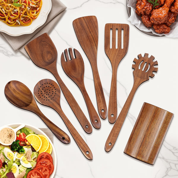VAVSEA Thick Wooden Spoons for Cooking, 8Pcs Natural Wooden Utensil for Cooking with Non-Stick, Heat Resistant, Wood Kitchen Utensil Set