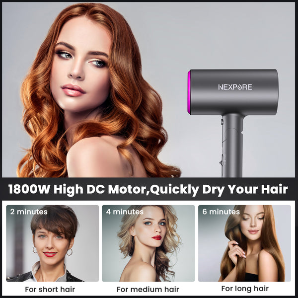 Hair Dryer, NEXPURE 1800W Professional Ionic Blow Dryer for Hair Care, Powerful Wind for Hair Drying, 2 Attachments