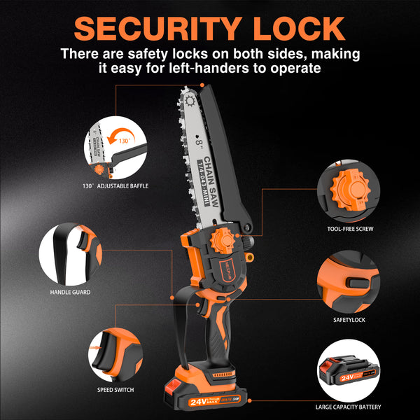 NEXPOW 8" Mini Chainsaw - 24V Battery Powered Chainsaw, 2 Batteries & Chains, Cordless Handheld Chain Saw Wood Cutter, Orange