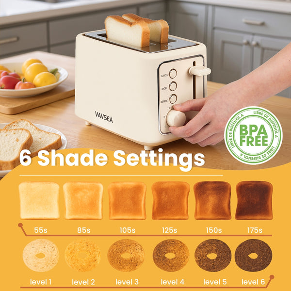 VAVSEA 2 Slice Toaster, 1000W Retro Wide Slot Toaster with 6 Shade Settings & LED Light, Removable Crumb Tray