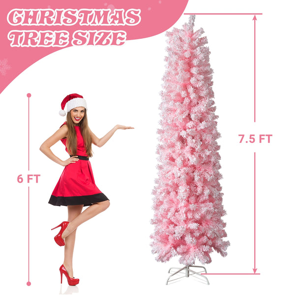 7.5 FT Snow Flocked Hinged Christmas Tree, Artificial Pencil Christmas Tree, Unlit Pine Tree with 641 Branch Tips, Pink