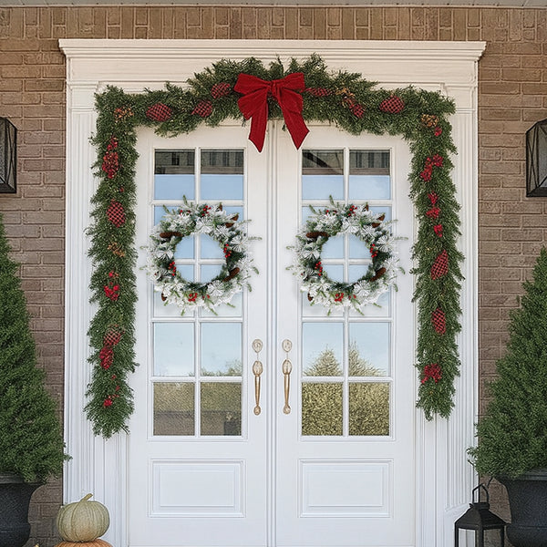 2 Pack 18in Pre-lit Snow Flocked Christmas Wreath, Lighted Artificial Xmas Wreath with 60 Warm Lights and 140 Tips