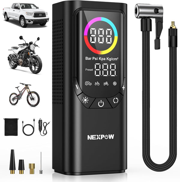 NEXPOW Tire Inflator Portable Air Compressor, 150PSI & 9000mAh Cordless Air Pump with Digital Tire Pressure Gauge