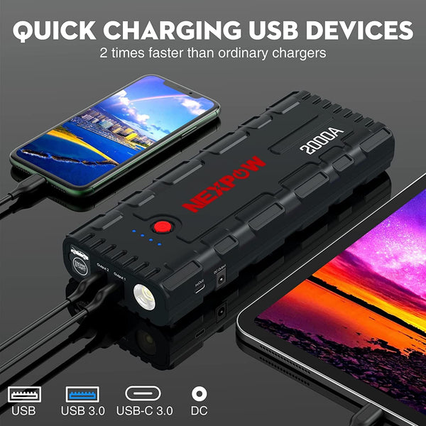 NEXPOW Avviatore Batteria Auto, 2000A 18000mAh Portatile Avviatore di Emergenza (per Motori Fino a 7.5L Benzina/6L Diesel), 12V Booster Avviamento Auto con Torcia a LED&USB Quick Charge 3.0(Available only in Italy)