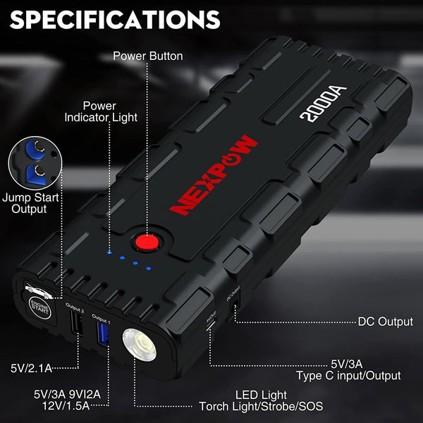 NEXPOW Avviatore Batteria Auto, 2000A 18000mAh Portatile Avviatore di Emergenza (per Motori Fino a 7.5L Benzina/6L Diesel), 12V Booster Avviamento Auto con Torcia a LED&USB Quick Charge 3.0(Available only in Italy)