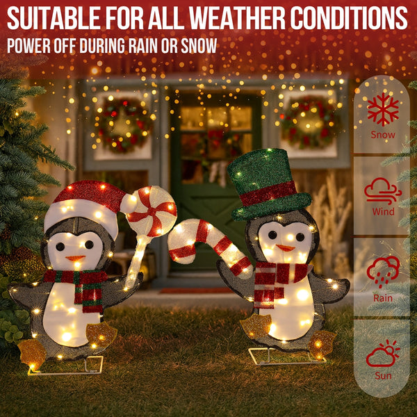 2 Lighted Penguin and Candy Cane Christmas Decorations, Pre-lit 2D Holiday Decor for Xmas Outdoor Indoor Decor Lighted Displays