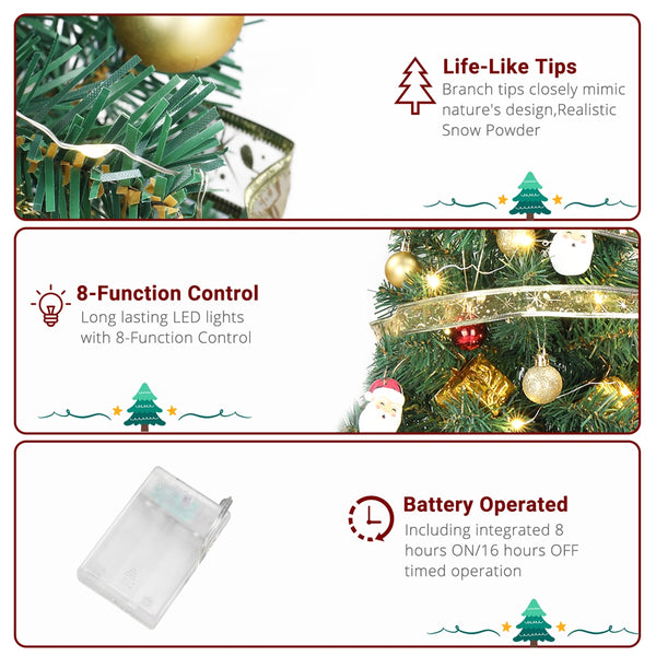 20in Pre-lit Artificial Mini Christmas Tree, Tabletop Small Xmas Pine Tree with Ornaments and 30 Warm Lights for Holiday Decor
