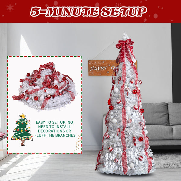 6 FT Fully Decorated Pre-lit Christmas Tree, Pop Up Artificial Xmas Tree with 100 Warm Lights and Red Ornaments for Holiday Decor