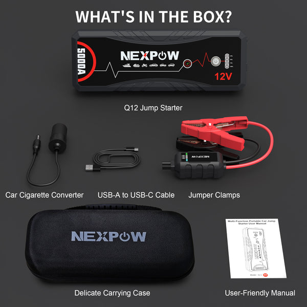 NEXPOW Car Jump Starter,Car Battery Jump Starter Pack 5000A Peak Q12 for All Gas and Up to10.0L Diesel Engine 12V Auto Battery Booster,Jumper Cables,Portable Lithium Jump Box with LED Light/USB QC3.0