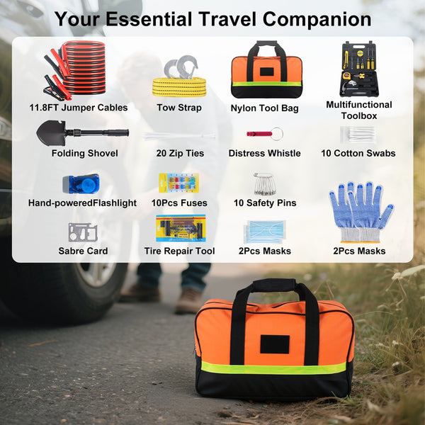 NEXPOW Car Emergency Kit, Roadside Assistance Kit with Jumper Cables, Tow Rope, Shovel, Flashlight for Car, SUV, Truck