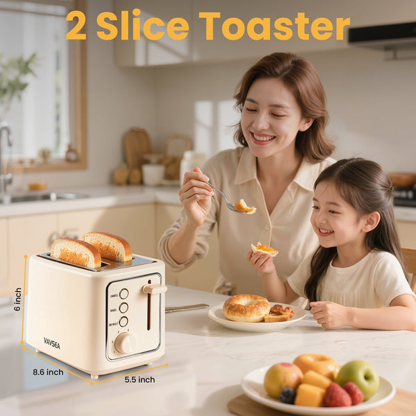 VAVSEA 2 Slice Toaster, 1000W Retro Wide Slot Toaster with 6 Shade Settings & LED Light, Removable Crumb Tray