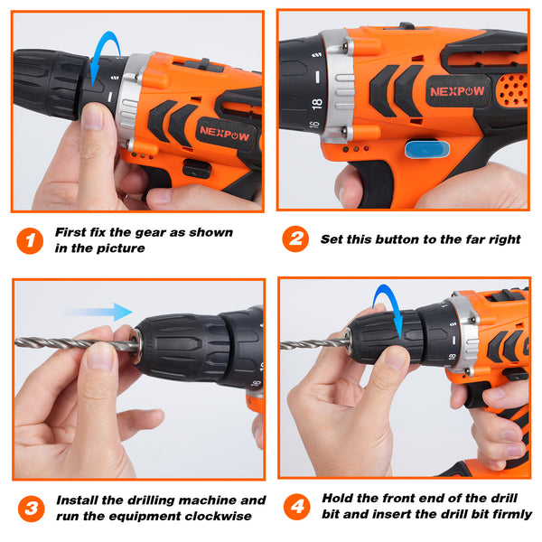 NEXPOW 24V Cordless Drill-Brushless Power Drill Set, 3/8" Keyless Chuck,18+1 Position Electric Drill, 2-Speed Transmission Tool Drill with 2Battery&Fast Charger